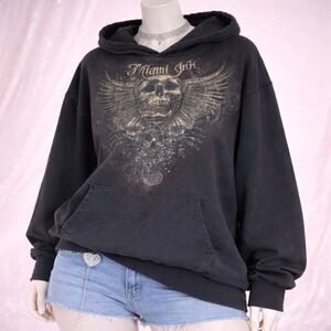 Vintage Y2K Miami Ink Hoodie Womens XL Skull Wings Black Sweatshirt Gothic Skate